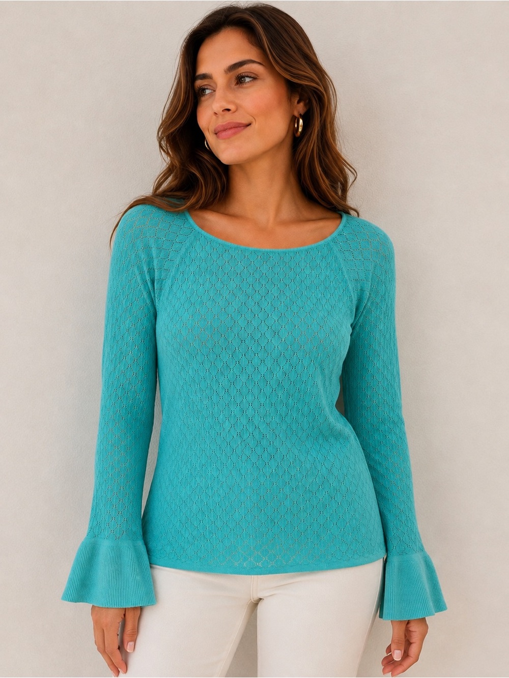 NEW Joseph A Women M Turquoise Pointelle Knit Sweater Bell Sleeve Scoop Neck Top